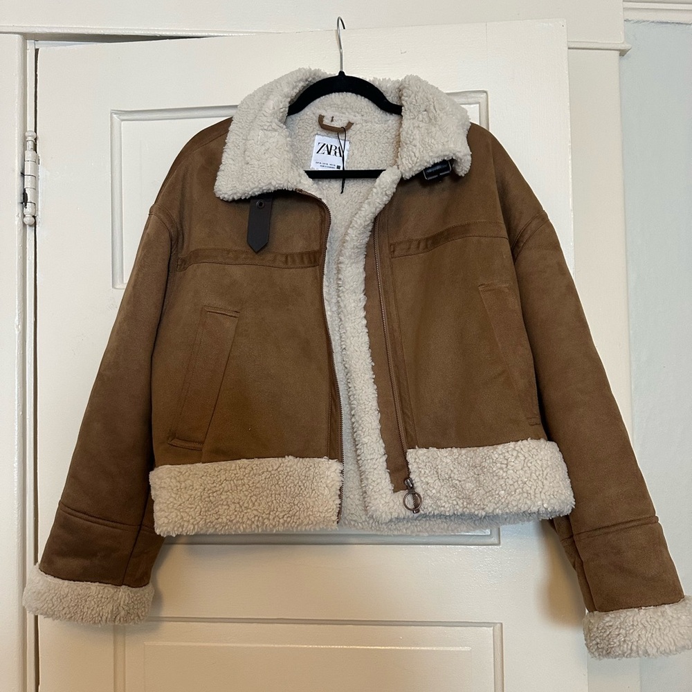 Zara Brown and Cream Faux Suede Shearling Jacket Size XL
